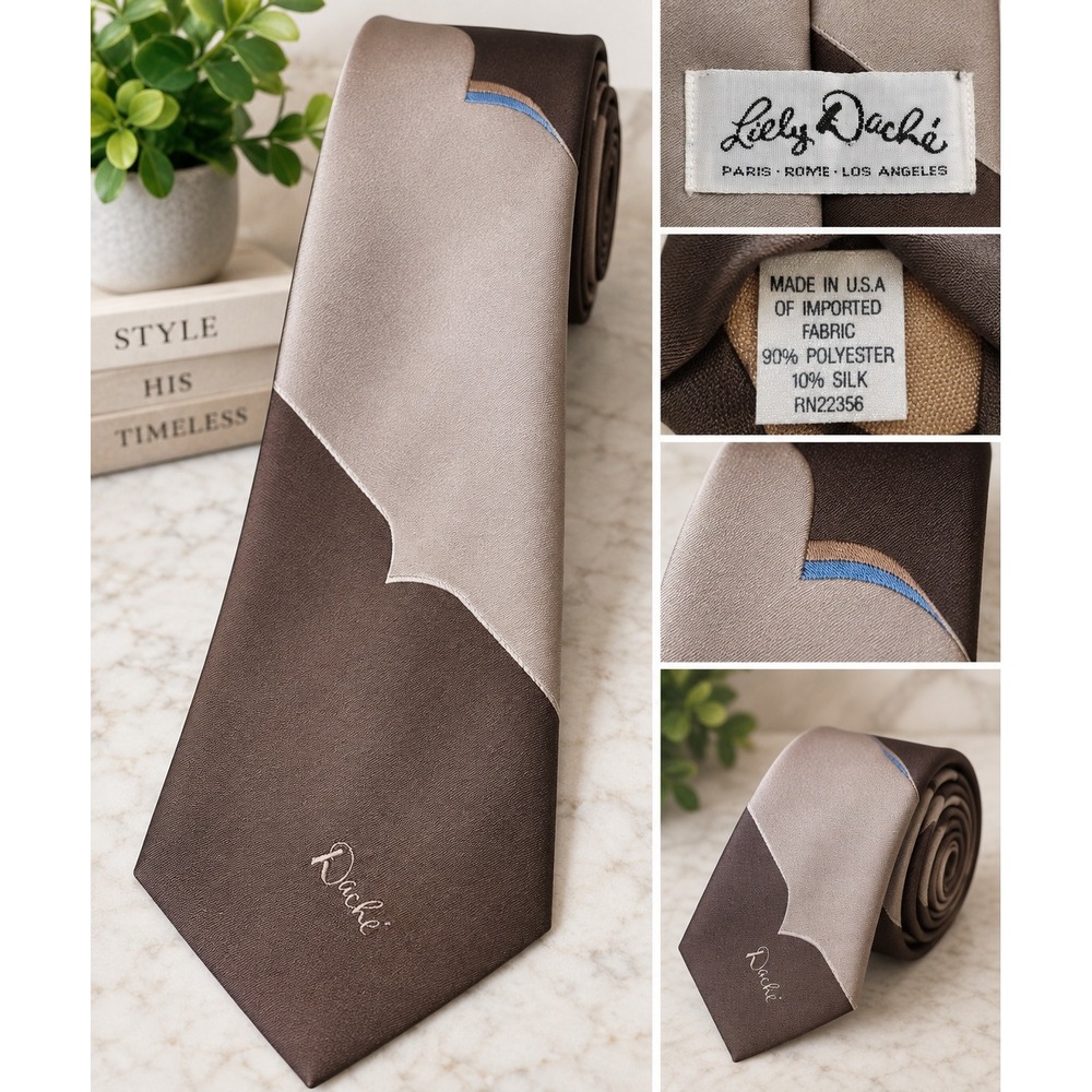 Lilly Dache Vintage Geometric Silk Blend Necktie Brown Taupe Made in USA
